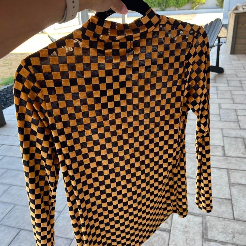 Western Burnout Velvet Mesh Gold Black Checkered Long Sleeve S